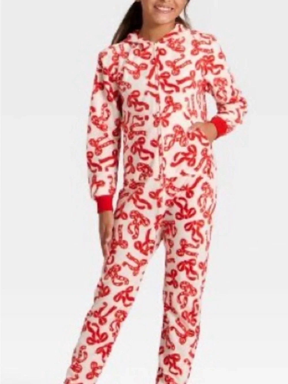 Cat & Jack Red Bow Print One-Piece Union Suit Pajama Sz M(8)